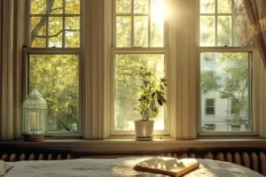 A photograph of a bedroom window with the sunset filtering through. When you sell your home for cash to Tyler Capital House, you can avoid open houses and showings, letting you enjoy your house fully until closing.