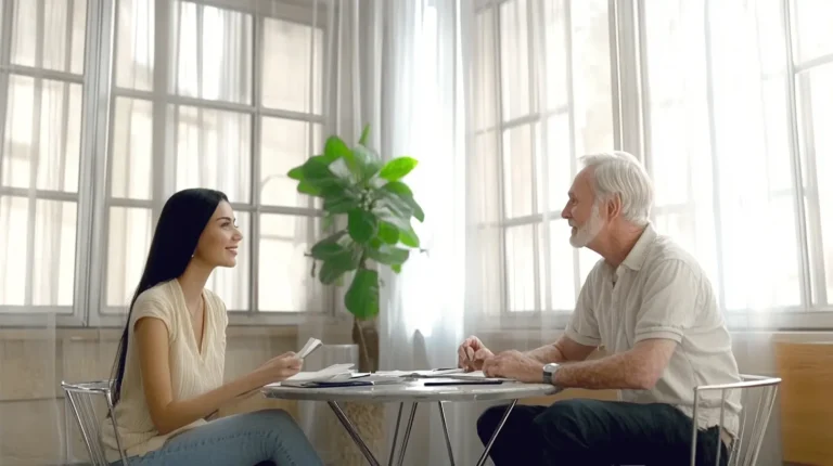 A photo of a man and a woman sitting at a table in a brightly lit room. Tyler Capital Group is driven by a client-first approach when purchasing homes.