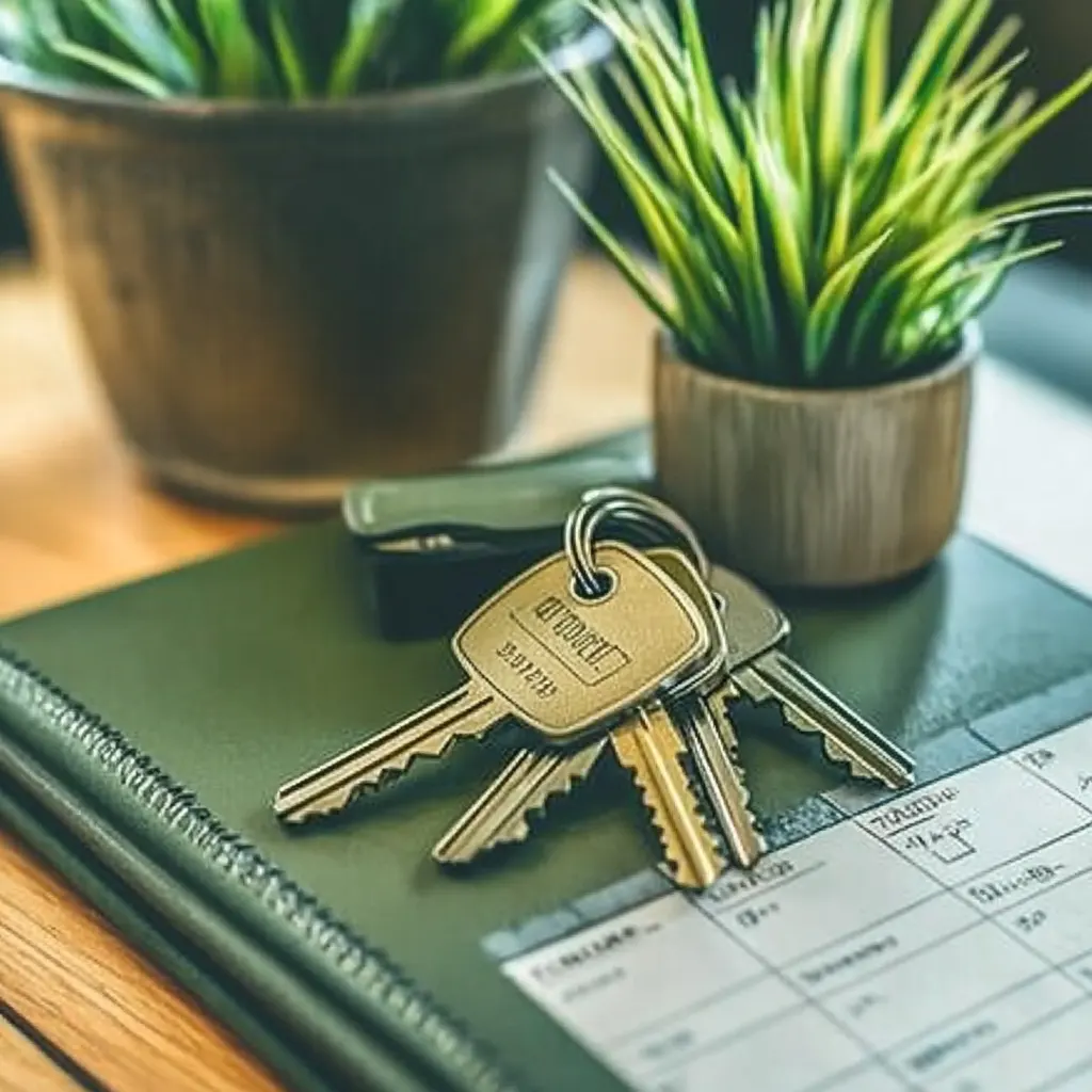 A photograph of a set of keys on top of a calendar next to potted plants. Tyler Capital Group provides fair cash offers and closes on your schedule.