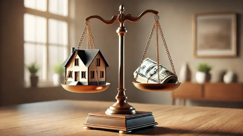 A photo of a mechanical scale with a small house on one side and a stack of bills on the other. Tyler Capital Group is driven by a commit to fair offers when purchasing homes.