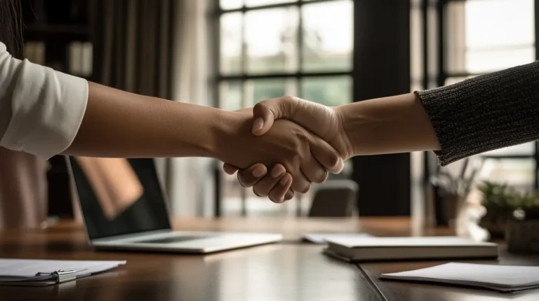 A photo of a handshake over a desk with several papers. Tyler Capital Group is committed to integrity in every interaction when purchasing homes.